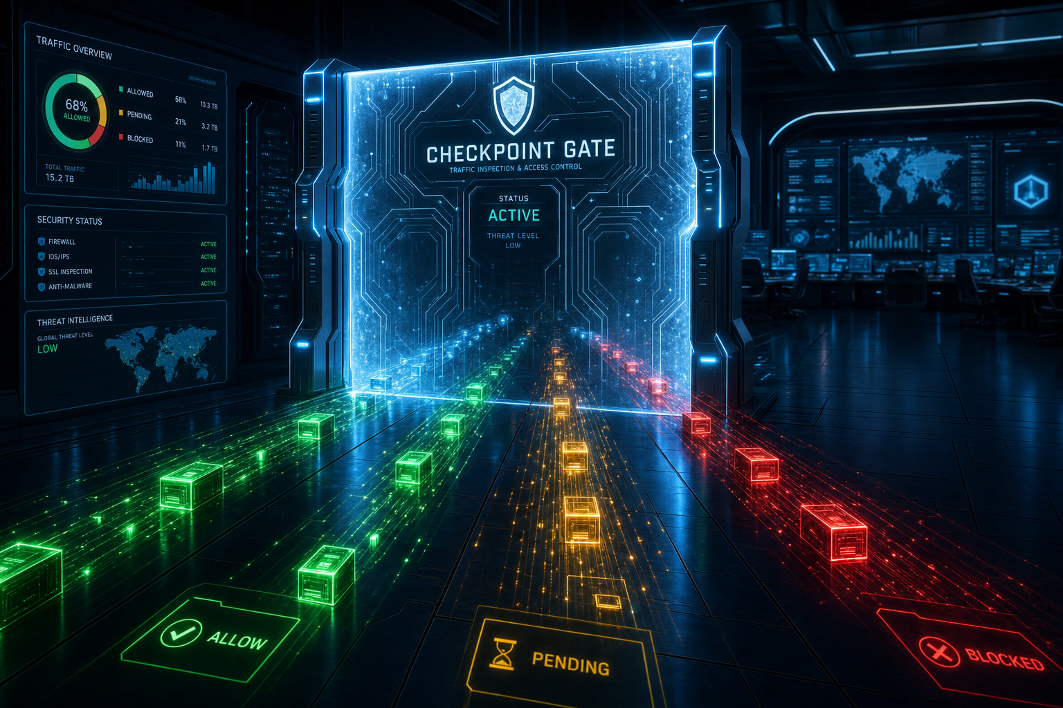 agentveil-sdk: A glowing checkpoint gate in a dark digital corridor: streams of AI agent signals approach, each passing through a luminous sentinel panel that sorts them — green for allowed, amber for approval-pending, red for blocked — while a tamper-evident receipt falls for each decision.